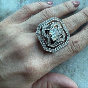 Vintage Givenchy Silver Toned Crystal Statement Ring 8